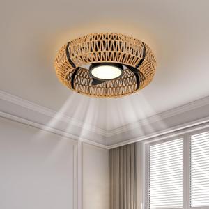 ocioc 20" Caged Ceiling Fans with Lights and Remote,Fandelier Ceiling Fan with Light,Flush Mount Low Profile,Bladeless,Quiet Reversible DC Motor,Boho Rattan Ceiling Fan for Bedroom