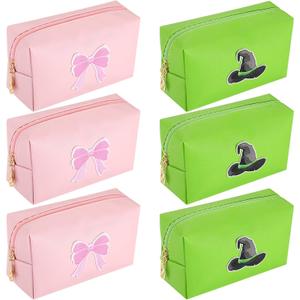 Vesici 6 Pcs Halloween Princess and Witch Party Favors Makeup Bag Pink and Green Witch Theme Pouch with Zipper Cute PU Leather Travel Toiletry Bag Gifts Ideal for Women Friend Mom