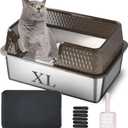 Suhaco Medium Stainless Steel Litter Box Side Entry High Walls Deep Metal Cat Litter Boxes Low Entry with High Sided Removable Lid Litter Mat and Scoop Litter Pan (Tall Black) (Large)