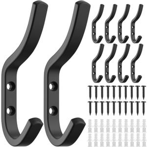 Wall Hooks for Hanging Coat - 10 Pack Black Arc Double Hooks, Sturdy Metal Matte Finish, Organize Coats, Hats, Bags in Entryway, Closet, Bedroom
