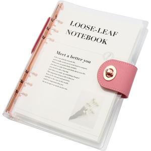 Clear A5 Refillable Notebook Binder with 90 Sheets Lined Paper Rose Gold 6-Ring Soft Transparent PVC Binder Cover Protector Shell Loose Leaf Journal Folders with PU Leather Lock Catch Closure