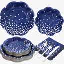 25 Guests Navy Blue Paper Plates, Navy Blue Plates and Napkins Party Supplies, Dark Blue and Gold Dot Disposable Dinnerware Set for Wedding Birthday Party