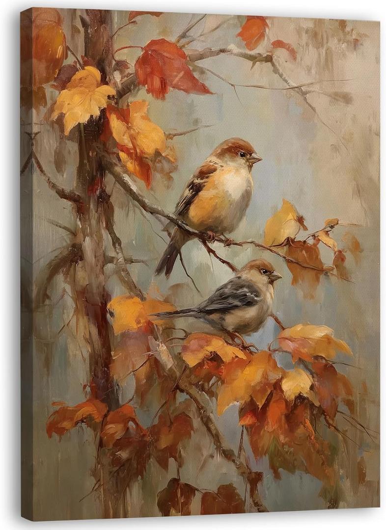 Zeuiwr Rustic Fall Bird Framed Wall Decor, Farmhouse Autumn Sparrow Bird Canvas Wall Art, Retro Country Fall Pictures Prints Artwork for Home Bedroom Living Room Decor, 11x14 Inches