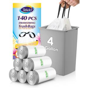 4 Gallon 140 Counts Strong Drawstring Trash Bags Garbage Bags by Teivio, Bathroom Trash Can Bin Liners, Small Plastic Bags for home office kitchen, White