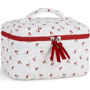 Prite Large Makeup Bag for Women Quilted Floral Cotton Cosmetic Bag Cute Coquette Aesthetic Floral Travel Toiletry Bag (Red Berries)