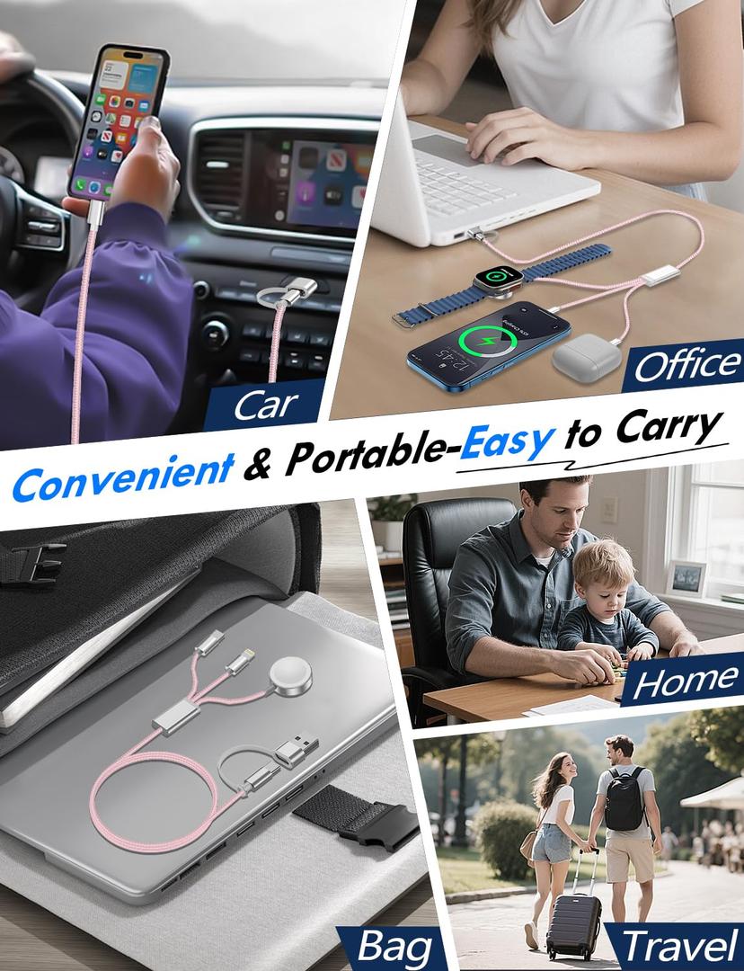 2Pack Multi Fast Charging Cable for Travel Vacation Essentials,Apple Watch Charger,iPhone Charger[3-in-2] USB A/Type C/Lightning Cable for iWatch,iPhone 16-11,Nintendo Switch,Airpods,Car,Camping-Pink