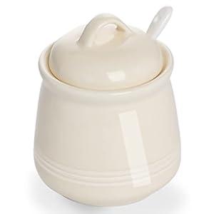 HAOTOP Porcelain Sugar Bowl, Ceramic Salt Bowl with Spoon and Lid for Home and Kitchen, 12 Ounces (Beige)