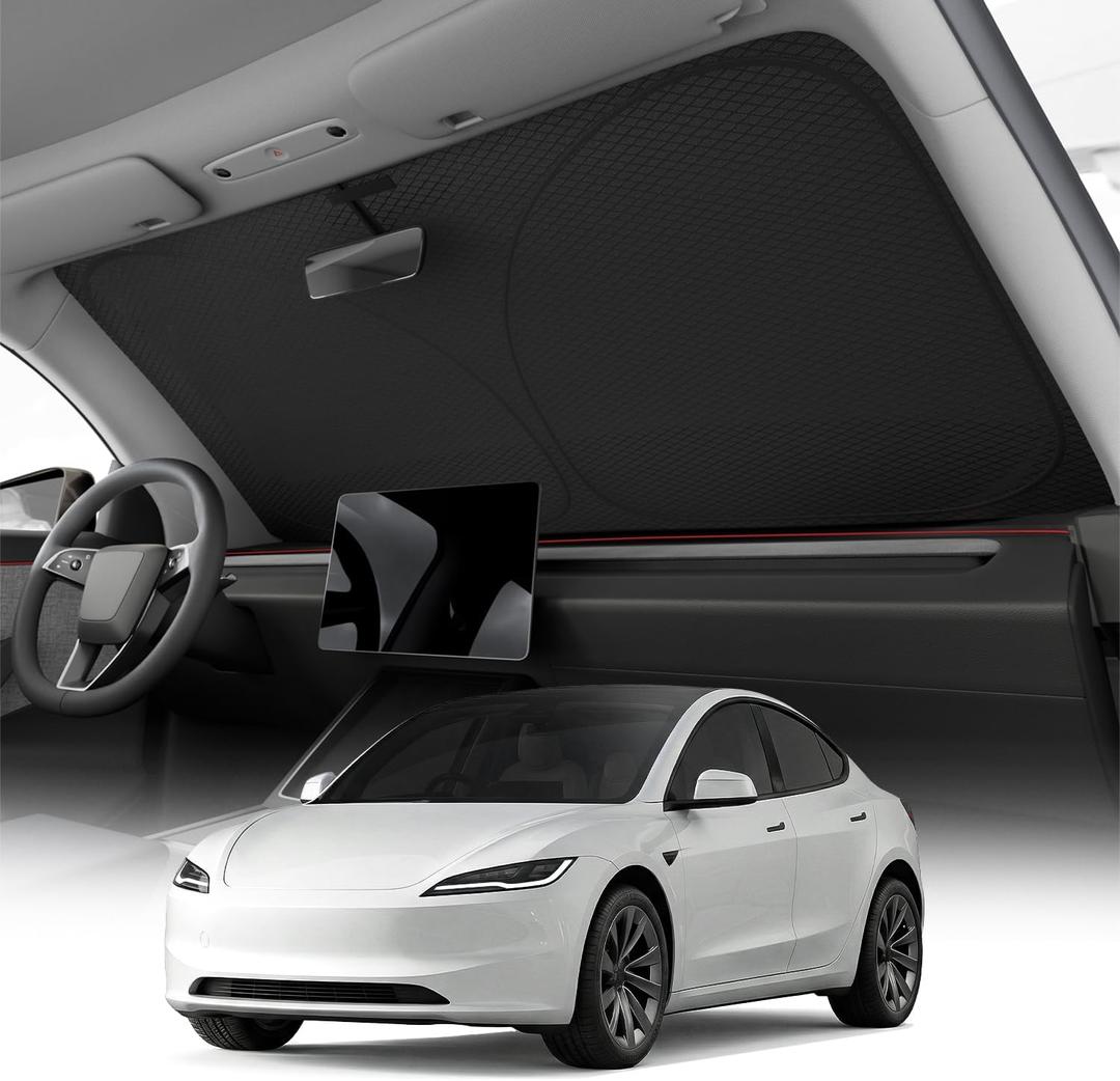 REEVAA 2026 3rd Pro Windshield Sunshade for 2017-2026 Tesla Model 3 (Highland) | Dual-Layer Heat & Sun Defense, OEM Design | Foldable Sun Shade Car Accessories with Storage Bag