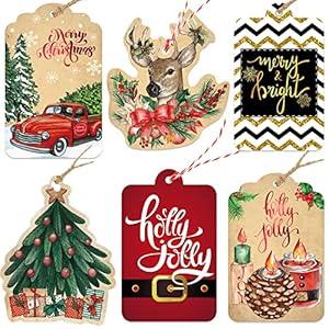 Christmas Gift Tags 60 Count with Untied String (15 Assorted Glitter, Foil, Printed Designs for DIY Xmas Present Wrap and Label Package Name Card)