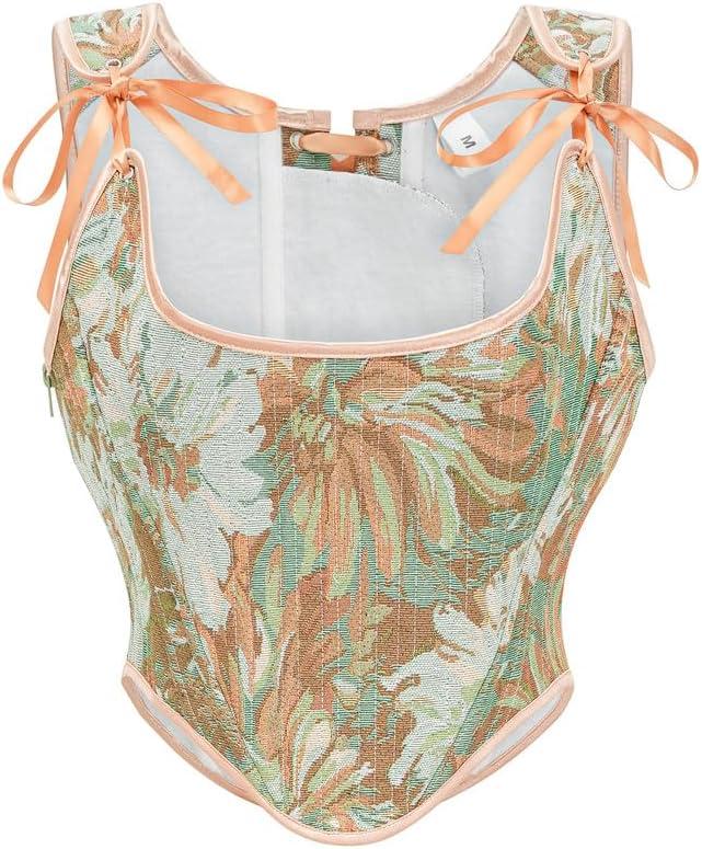 Dreay Womens Vintage Asymmetrical Hem Overbust Corset Tie Front Lace-up Back Bustier Shapewear Top (XX-Large, Cream Daisy)