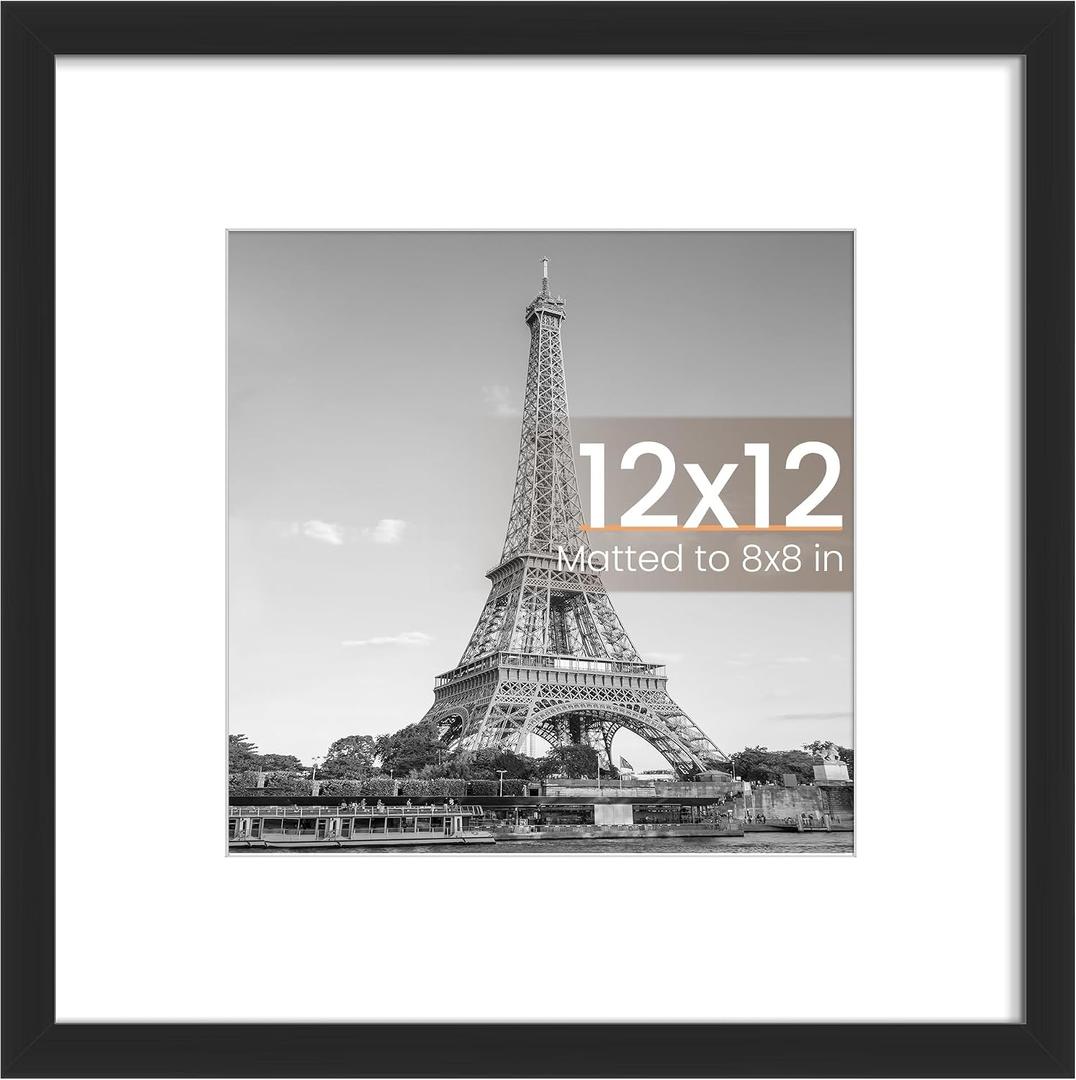 upsimples 12x12 Picture Frame, Display Pictures 8x8 with Mat or 12x12 Without Mat, Wall Hanging Photo Frame, Black, 1 Pack
