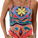 Milumia Women's Tropical Hanky Hem Cami Top Boho Spaghetti Strap Square Neck Bandana Tops, Medium