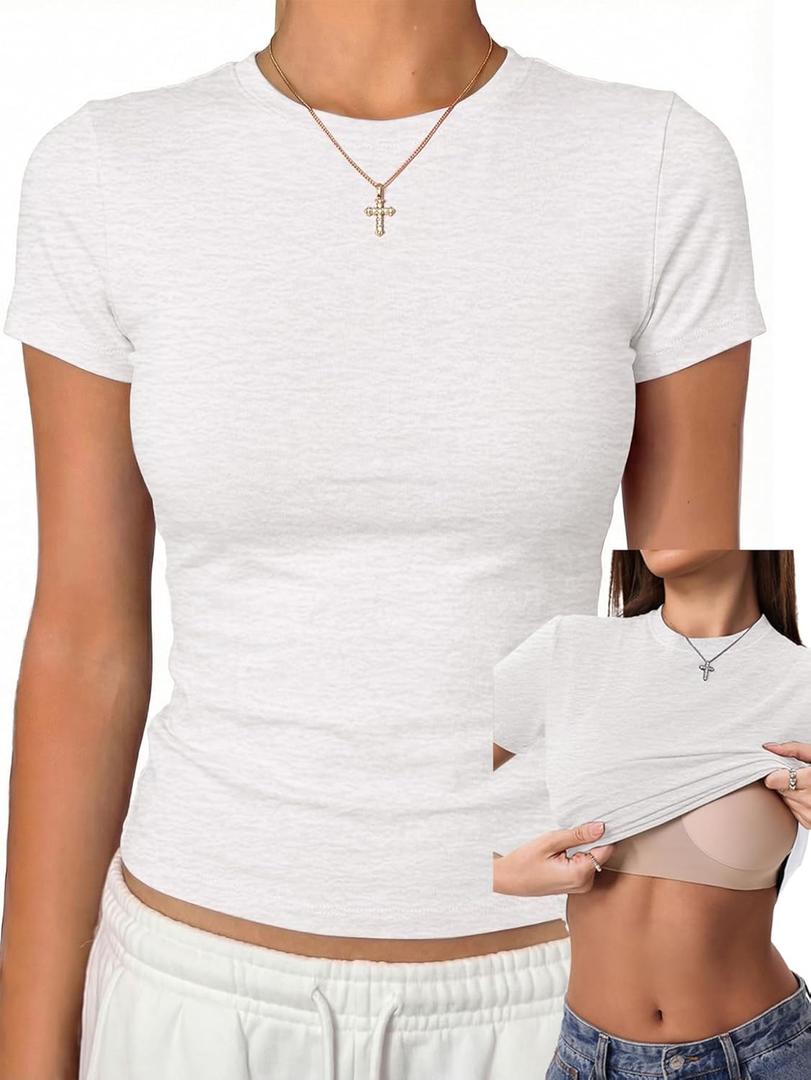 Danysu Nude Built in Bra Cotton Jersey T Shirt No See Through Stretchy Lightweight Fitted Everyday Basic Tops Gym Workout Tee (Large)