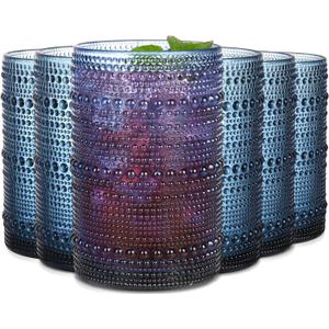 Blue Hobnail Drinking Glasses Set of 6,15 oz Vintage Highball Glasses,Drinkware Kitchen Glasses for Cocktail,Iced Coffee,Beer,Ice Tea,Wine,Whiskey,Water