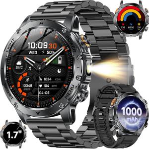 KPEP Military Smart Watches for Men with 2 Straps, 1000mAh Battery/LED Flashlight/IP67 Waterproof Smartwatch, Stress/Blood Oxygen/Heart Rate/Sleep Monitoring, Reminder, Fitness Tracker for iOS Android (Black)