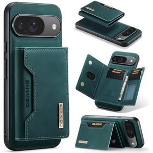 Wallet Case for Google Pixel 9 / Google Pixel 9 Pro, DG.MING Premium Leather Shockproof Protective Phone Case Back Cover Magnetic Detachable with Trifold Wallet Card Holder Slots Kickstand (Green)