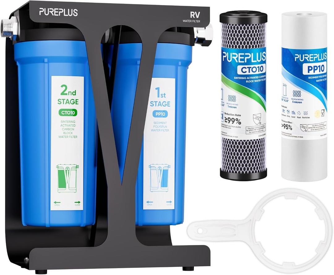 PUREPLUS RV Dual Stage Water Filter System with Two Cartridges and Mounting Bracket, NSF/ANSI 42 Certified, Reduces Sediment, Chlorine, Odors and More, Stainless Steel 3/4" Fittings