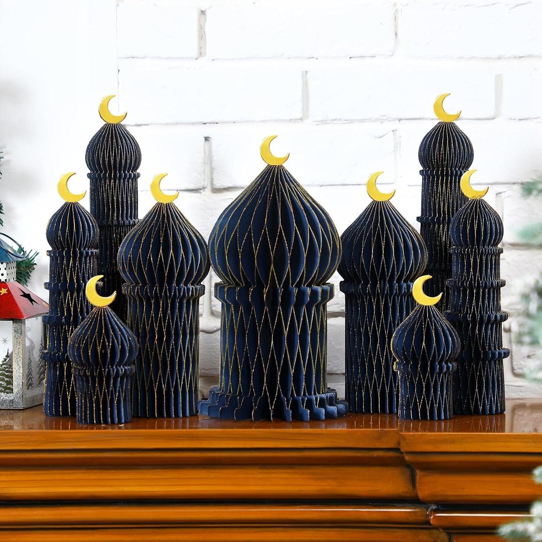 9 PCS Ramadan Party Decorations Honeycomb Centerpiece Islamic Eid Mubarak Table Decorations Blue and Gold 3D Ramadan Table Topper Decor for Islamic Festival Party Home Supplies
