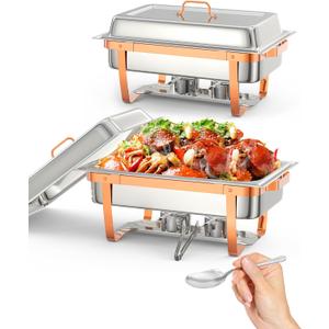 GarveeHome Chafing Dish Buffet Set, 8QT 2 Pack, Rectangle Chafing Dishes for Buffet w/Lid Holder, Stainless Steel Chafer Food Warmers Servers for Kitchen Party Banquet Dining, Rose Gold