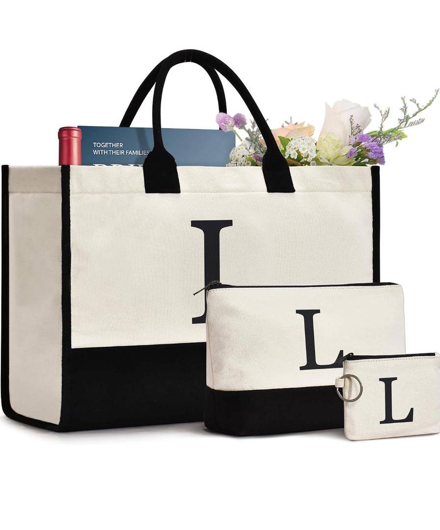 L Initial Canvas Tote Bag Birthdays Gift for Women Mom Teacher Friend Bridesmaid,Custom for Wedding Beach Holidays