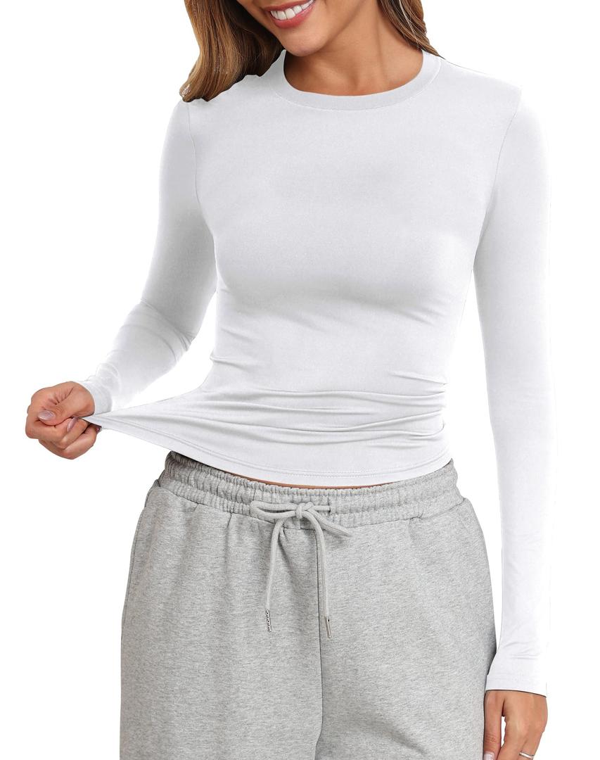 PALINDA Crew Neck Fitted Shirts for Women Basic Casual Long Sleeve T Shirts Going Out Tops Sexy Y2K Tees (White L)