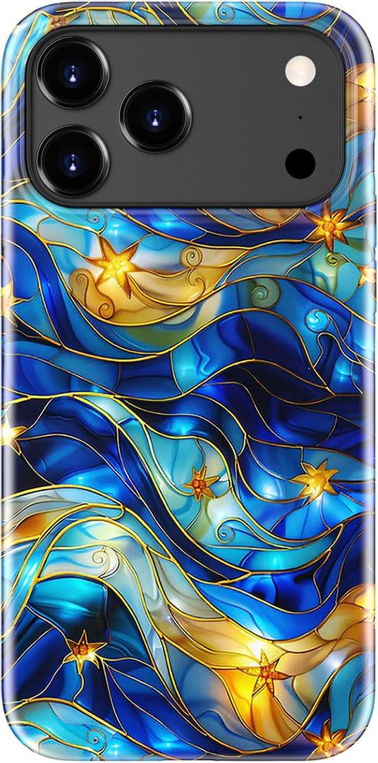 DorisMax for iPhone 17 Pro Case - Wireless Charging Compatible - Dual-Layer Hard Shell + Silicone Cover - Shockproof Protective Phone Case with Stylish Designs for Women - Abstract Bule Gold Water