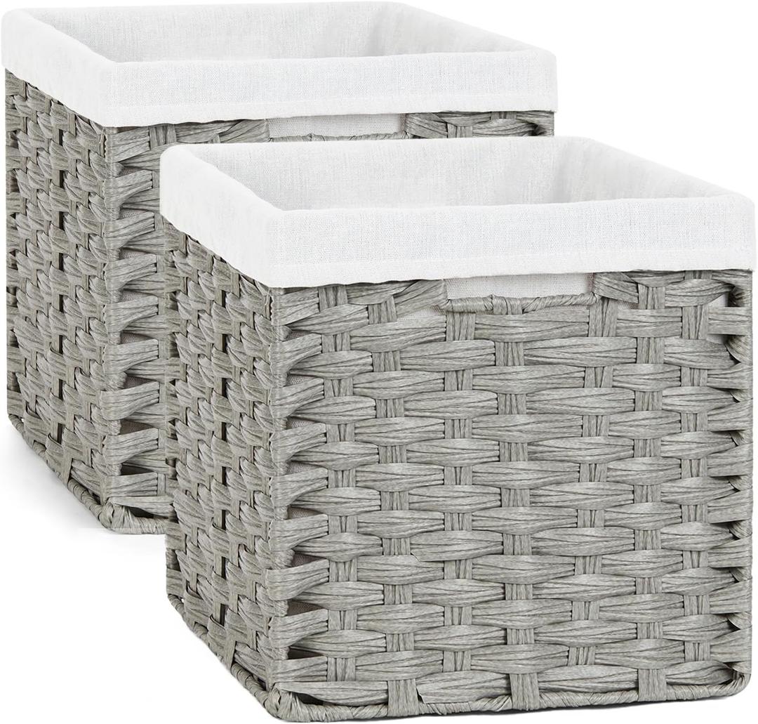 Bidtakay Wicker Cube Baskets with Liners Cube Storage Organizer for Shelves Closet 11 inch 2 Pack Decorative Hand-Woven Imitation Wicker Storage Bins for Organizing Pantry Bedroom Light Grey