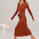 ANRABESS Womens Long Sleeve Fall Dress 2025 V Neck A-line Tie Waist Ribbed Knit Bodycon Midi Sweater Dresses Rust Small