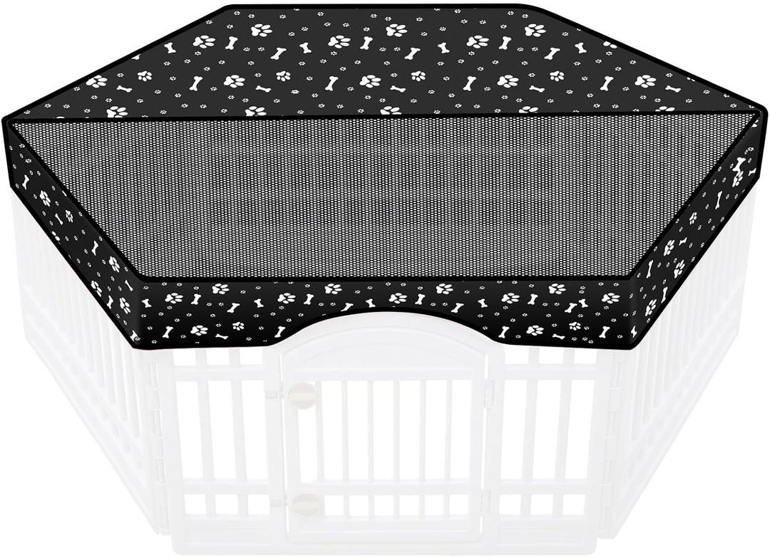 Dog Playpen Top Cover with Half Mesh Provide Shade Fits 36"w 24"h 6 Panels Regular Hexagonal Plastic Exercise Pet Pen, Breathable Dog Crate Puppy Play Pen Cover, Playpen Not Included(Black)