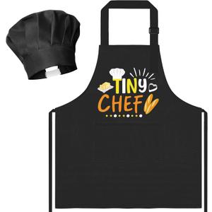 R HORSE Kid Apron and Chef Hat Set - 2Pcs Black Tiny Chef Adjustable Children Kitchen Toddler Apron with Pockets for Kids, Funny Dress up Pretend Play Toy Birthday Gift for Boy Cooking Baking Painting