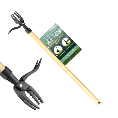PlantSpawn Manual Stand Up Weed Puller Tool 44" with Long Bamboo Handle – Heavy Duty 4-Claw Wooden Head Weeder for Root Removal – Ergonomic Weeding Tool for Dandelion, Lawn, Yard & Garden Maintenance