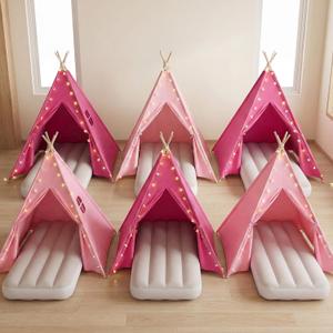 wilwolfer 6 Pack Kids Teepee Tent Bulk with Inflatable Airbed & Light, Natural Toddler Play Tent for Girls Boys Indoor Sleepover Slumber Party Birthday Gifts(Pink, Rose Red)