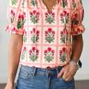 Tankaneo Women Summer Floral Ruffle V Neck Puff Sleeve Boho Tops (Red, L)