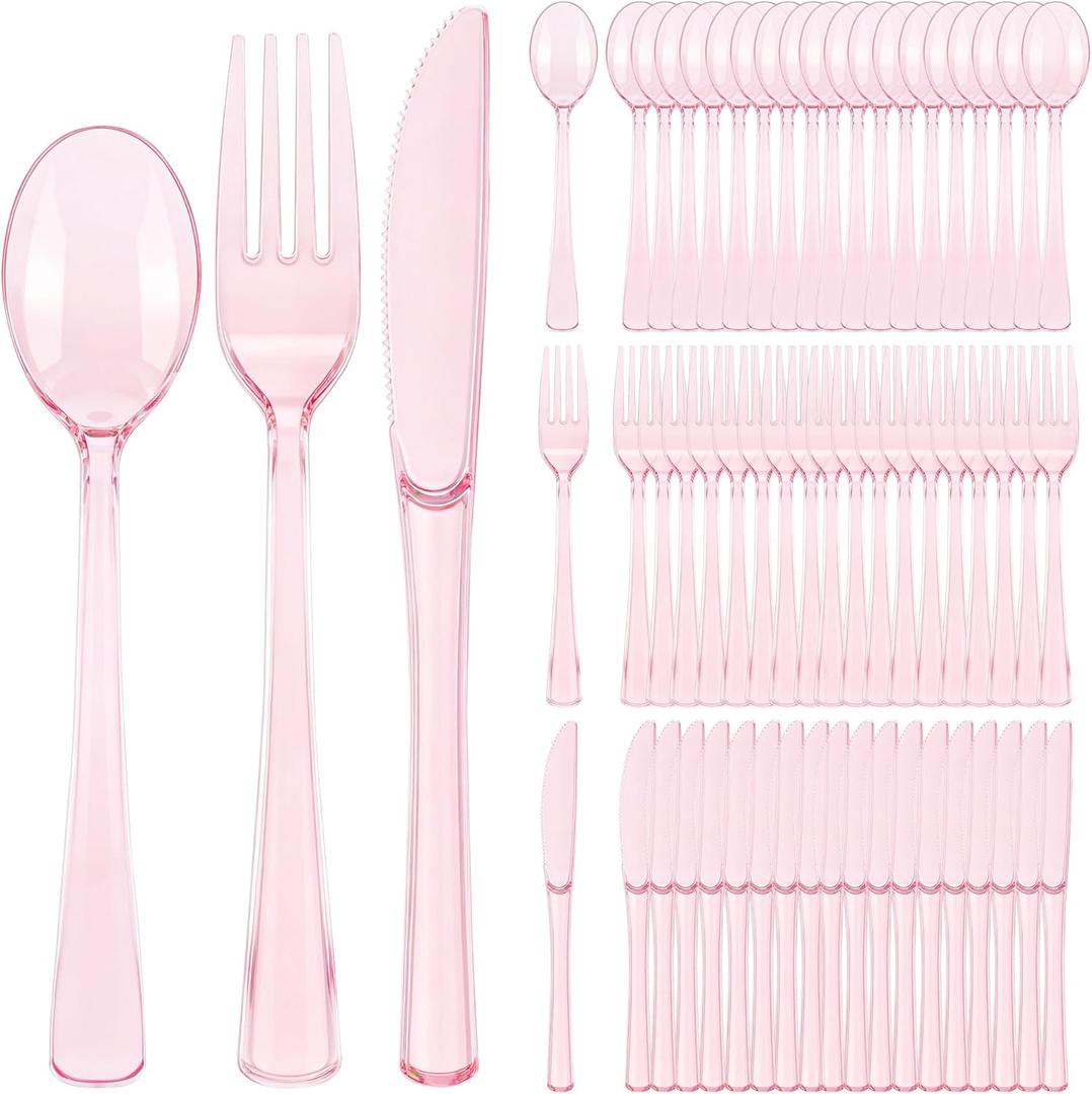 Kochorie 300 Piece Disposable Clear Pink Utensil Set Plastic Silverware Heavy Duty Cutlery Set Serves 100 Guests Forks Knives Spoons for Home Wedding Birthday Party Picnics Bride Shower Outdoor Events
