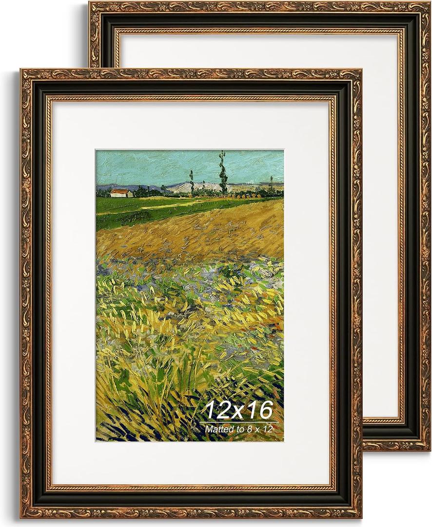 12x16 Picture Frame, Ornate Embossing Frame with Paper Mat and Plexiglass, Fit for 12x16 without Mat or 8x12 with Mat, Wall Mounting Display for Art Prints, Black and Antique Gold, 2 Pack
