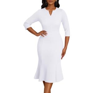 Nmoder Women Mermaid Cocktail Bodycon Church Fishtail Midi Dresses V-Neck | Sheath Ruffle Hem with Femininity, Slim Fit to Show Curve, 3/4 Sleeve Midi Length for Semi-Formal, Wedding Guest, Business (White, M)