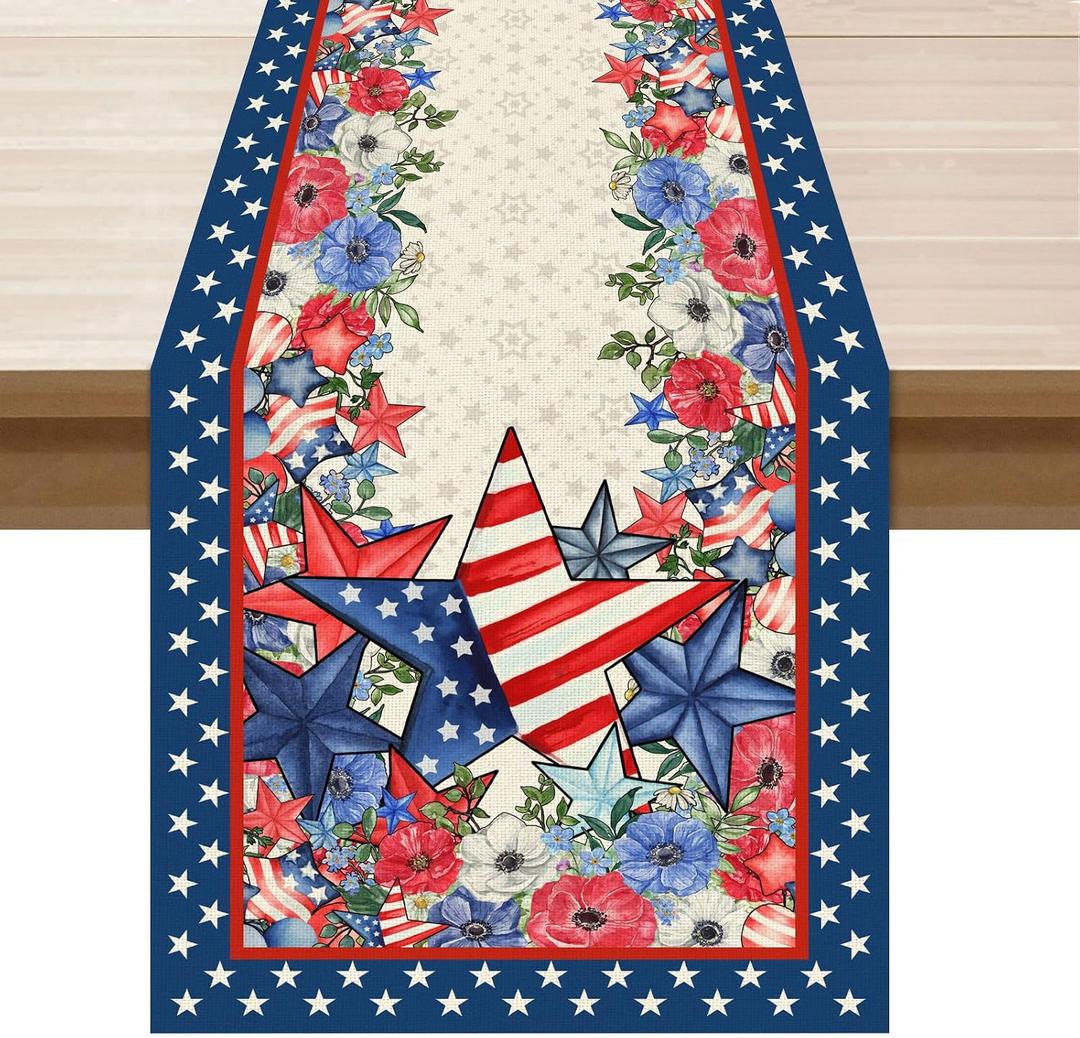 2 x XCHI America Stars Flowers Memorial Day Table Runner 4th of July Patriotic Independence Day Table Decoration for Party Home Kitchen Dining Holiday Decor 13x120 Inch