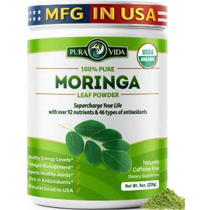 PURA VIDA MORINGA Organic Moringa Powder, Premium 100% Leaf Powder Single Origin - USDA Organic Moringa Oleifera Leaf, Perfect for Smoothies & Recipes, 8 oz, Exp 11/2027