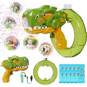Bubble Gun, Rechargeable Bubble Machine Bubble Toys for Kids Ages 4-8, Dinosaur Bubble Blaster Blower with Pack of 10 Refill Solution, Summer Outdoor Toys for Boys Birthday Gift (Green)