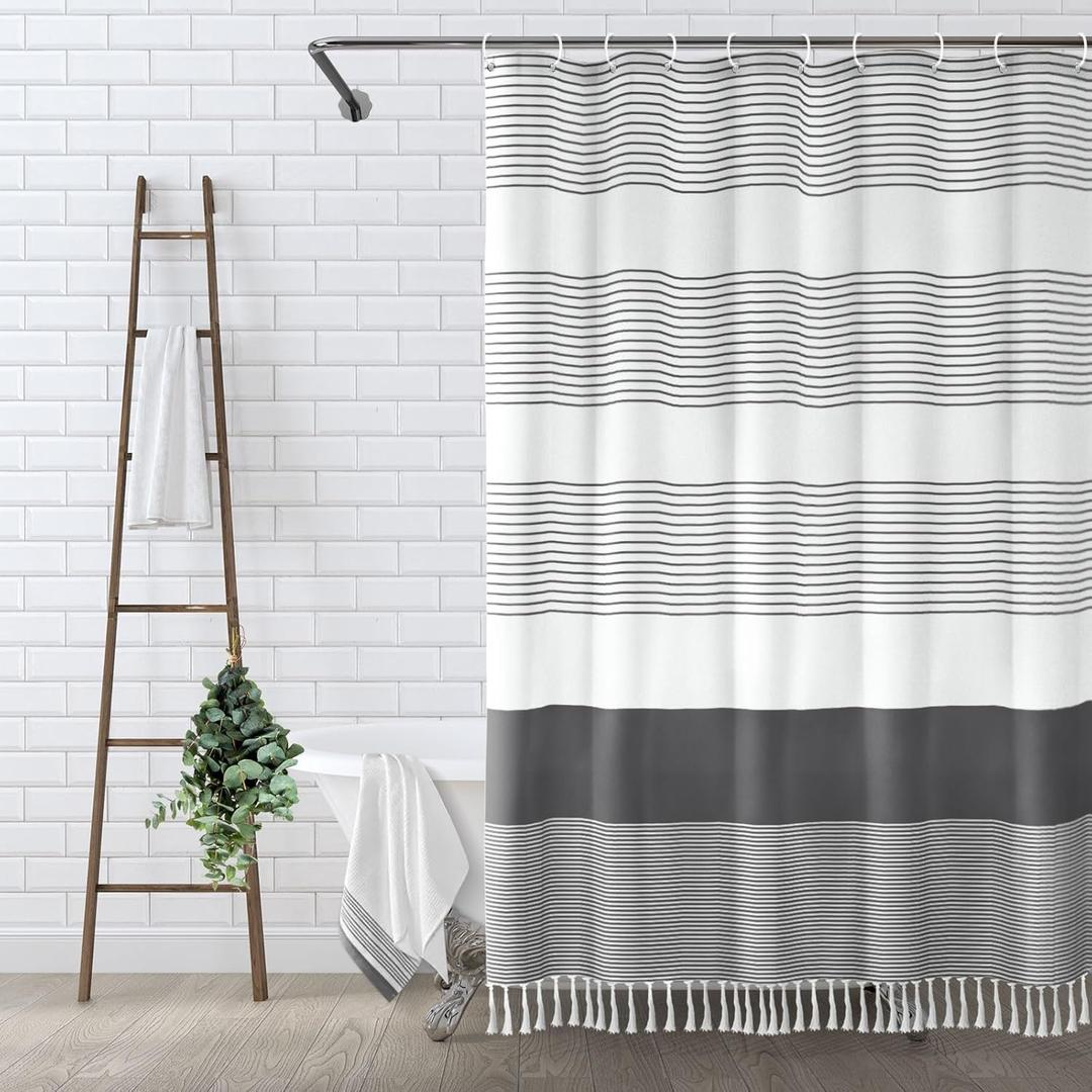 Awellife Gray Shower Curtain for Bathroom Stripe Tassel Shower Curtain 72 X 96 Farmhouse Cotton Boho Dark Grey