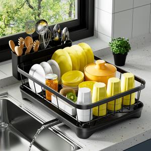 Dish Drying Rack Single Layer with Utensil Holder, Adjustable Spout Auto-Draining Dish Rack for Kitchen Counter, Large Capacity for Plates, Bowls, Cups, Dish Drainer with Drainboard,Black (One Tier - Black)
