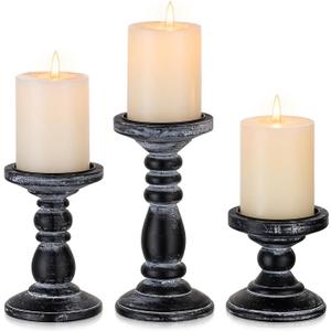 Wood Pillar Candle Holder: 3Pcs Rustic Black Candle Holders for Pillar Candles Wood Candle Holders Distressed Wooden Farmhouse Candle Holder Large Rustic Candle Holder for Fireplace Table (3.94", 5.9", 7.87")