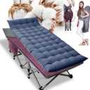 ABORON Folding Camping Cot W/Mat for Adults, Heavy Duty Outdoor Bed with Carry Bag,1200 D Layer Oxford Travel Camp Cots (1, Red Stripe with Blue Pad)