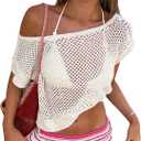 Verdusa Women's Crochet Tops Off The Shoulder Summer Cover Up Beach Vacation Party Outfits (Medium, White)