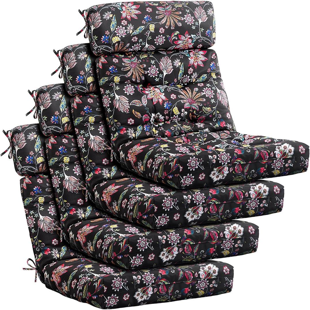 Barydat 4 Pcs Tufted High Back Chair Cushion Indoor Outdoor Seat and Back Cushions Palm Leaves Tropical Plants Lawn Rocking Chair Pads with Ties for Adirondack Patio Garden(Black Flower), 43.4 X 21 X 3.3 Inches