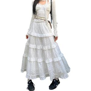 White Lace Maxi Skirts for Women Fashion A-Line High Waist Flowy Ruffle Tiered Boho Long Novelty Skirt (Medium)