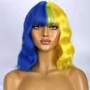 Blue and Yellow Wigs for Women Short Curly Wavy Cosplay Wig With Bangs Heat Resistant Synthetic Wigs for Daily Use With Wig Cap