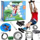 Zip Line Kit for Kids and Adults, 100/120 / 150/200 ft, Up to 350 Lbs, Rustproof Stainless Steel, Quick Setup with Ratchet, Safety Harness, Backyard Adventure Fun Includes Climbing Holds