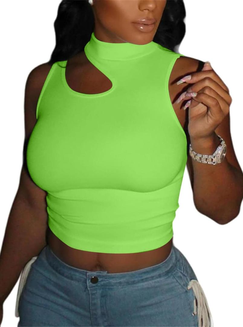 LovelyWholesale Crop Tops for Women Sexy Cut Out Tops Mock Neck Tank Top (Green, L)