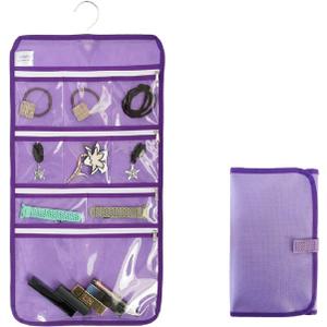 Travel Foldable Jewelry Rolls Bag Hanging Jewelry Organizer with 9 Zippered Clear Pockets Storage Pouch with Rotatable Hanger (PURPLE)